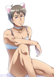 Rule 34 | 1boy, animal ears, arm at side, arm on knee, artist name, backlighting, bare arms, bare legs, beard stubble, bell, blue eyes, bra, cat ears, choker, collarbone, commentary request, cowlick, dated, facial hair, fake animal ears, gochuumon wa usagi desu ka?, highres, kafuu takahiro, knee up, light brown hair, lingerie, looking at viewer, male focus, mature male, messy hair, muscular, muscular male, mustache stubble, neck bell, neki (wakiko), official style, pectorals, shadow, short hair, shoulder strap, simple background, sitting, solo, stubble, thick eyebrows, twitter username, underwear, white background, white bra, white choker, white fur