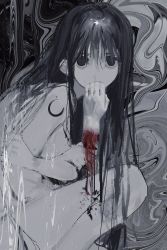 Rule 34 | 1girl, abstract background, black eyes, black hair, blood, cannibalism, completely nude, disembodied hand, distortion, feet out of frame, finger in another&#039;s mouth, guro, hand in mouth, highres, knee up, long hair, looking at viewer, mrt mr, nude, original, pale skin, self hug, severed hand, solo, spot color