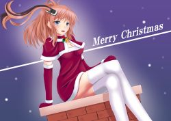 Rule 34 | 10s, 1girl, bad id, bad pixiv id, bell, blue eyes, blush, breasts, brown hair, chimney, choker, christmas, cleavage, clenched hands, crossed legs, elbow gloves, eyebrows, gloves, hair between eyes, hair ornament, hand on own knee, highres, kantai collection, merry christmas, neck bell, open mouth, ponytail, santa costume, saratoga (kancolle), sidelocks, sitting, smile, solo, thighhighs, white thighhighs, yamato (083)