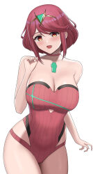 Rule 34 | 1girl, absurdres, bare shoulders, blush, breasts, chest jewel, choker, cleavage, highleg, highleg swimsuit, highres, higofushi, large breasts, looking at viewer, one-piece swimsuit, open mouth, pyra (xenoblade), red eyes, red hair, red one-piece swimsuit, short hair, sidelocks, smile, solo, swept bangs, swimsuit, thighs, tiara, xenoblade chronicles (series), xenoblade chronicles 2