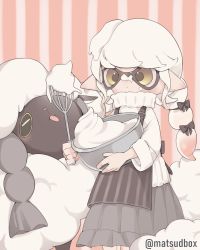 Rule 34 | 1girl, apron, bow, bowl, braid, closed eyes, cream, cream on body, cream on face, creatures (company), dress, food, food on face, game freak, gen 8 pokemon, grey apron, grey bow, grey dress, hair bow, highres, holding, holding bowl, inkling, inkling girl, inkling player character, matsushita (matsudbox), nintendo, pink background, pointy ears, pokemon, splatoon (series), striped, striped background, sweater, tongue, tongue out, twin braids, white hair, white sweater, wooloo, yellow eyes