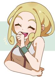 Rule 34 | 1girl, bare arms, bare shoulders, blonde hair, breasts, closed eyes, creatures (company), cropped torso, curtained hair, game freak, green wristband, highres, large breasts, nintendo, omochi (omotimotittona3), photographer, pokemon, pokemon xy, shirt, sleeveless, sleeveless shirt, solo, tank top, thick eyebrows, upper body, viola (pokemon), white tank top