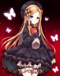 Rule 34 | 1girl, abigail williams (fate), black background, black bow, black dress, black hat, black ribbon, blue eyes, bow, bug, butterfly, cowboy shot, dress, fate/grand order, fate (series), gothic lolita, gradient background, hair bow, hat, highres, holding, holding stuffed toy, insect, lolita fashion, looking at viewer, multiple hair bows, nazuna shizuku, orange bow, parted lips, polka dot, polka dot bow, puffy shorts, red background, ribbon, short shorts, shorts, shorts under dress, sleeves past fingers, sleeves past wrists, solo, standing, stuffed animal, stuffed toy, teddy bear, two-tone background, white shorts