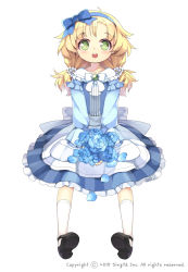 Rule 34 | 1girl, :o, apron, blonde hair, blush, bouquet, brooch, btoor, cosette (sid story), dress, flower, full body, green eyes, hair ribbon, hairband, highres, jewelry, kneehighs, long hair, long sleeves, mary janes, original, ribbon, shoes, sid story, simple background, socks, solo, twintails, waist apron, white background