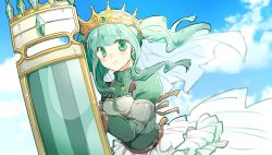 Rule 34 | 1girl, armor, belt, blue sky, blunt bangs, blush, breasts, brown gloves, close-up, closed mouth, cloud, cloudy sky, curly hair, day, dot nose, floating hair, furrowed brow, futaba sana, gem, gloves, green eyes, green hair, green theme, holding, holding shield, jewelry, layered skirt, looking at viewer, magia record: mahou shoujo madoka magica gaiden, mahou shoujo madoka magica, medium breasts, necklace, outdoors, pearl (gemstone), pearl hair ornament, ribbed sweater, sadahara inako, shield, sidelocks, skirt, sky, solo, soul gem, sweater, tiara, turtleneck, turtleneck sweater, twintails, upper body, veil, waist cape, white skirt