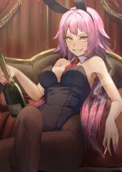 Rule 34 | 1girl, alcohol, animal ears, bare shoulders, blue eyes, breasts, champagne, champagne bottle, character request, cigarette, couch, crossed legs, curtains, detached collar, fake animal ears, grin, highres, holding, holding cigarette, janoukyo19, large breasts, leotard, long hair, necktie, on couch, pantyhose, pink hair, playboy bunny, rabbit ears, red necktie, sharp teeth, sitting, smile, solo, strapless, strapless leotard, teeth, very long hair, wing collar