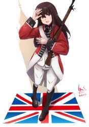 Rule 34 | 1girl, akagi (kancolle), alternate costume, boots, brown eyes, brown footwear, brown hair, coat, commission, full body, gun, highres, kantai collection, ld (luna dial398), long hair, long sleeves, military, military uniform, pants, red coat, rifle, sash, sidelocks, skeb commission, solo, standing, straight hair, uniform, union jack, weapon, white pants, white sash