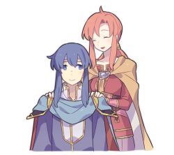 Rule 34 | 1boy, 1girl, ahoge, aunt and nephew, blue cape, blue eyes, blue hair, cape, closed eyes, closed mouth, commentary request, ethlyn (fire emblem), eyelashes, fire emblem, fire emblem: genealogy of the holy war, gold trim, haconeri, hairband, hand on another&#039;s shoulder, long hair, nintendo, open mouth, orange cape, pink hair, red cape, seliph (fire emblem), sidelocks, simple background, smile, two-sided cape, two-sided fabric, two-tone cape, white background, white hairband