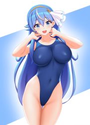 Rule 34 | 1girl, blue eyes, blue hair, blue one-piece swimsuit, breasts, commentary request, commission, competition swimsuit, covered navel, cowboy shot, hairband, highleg, highleg swimsuit, highres, indie virtual youtuber, large breasts, long hair, looking at viewer, manamin (manamin2001), one-piece swimsuit, open mouth, original, ruo (vtuber), smile, solo, swimsuit, virtual youtuber