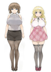 Rule 34 | 2girls, black skirt, blonde hair, blue eyes, breasts, brown hair, brown pantyhose, chie&#039;s mom (ishikei), chie (ishikei), closed mouth, full body, grey sweater, grey thighhighs, ishikei, jewelry, large breasts, long hair, looking at viewer, mother and daughter, multiple girls, necklace, original, pantyhose, pink skirt, shirt, short hair, simple background, skirt, smile, standing, sweater, thighhighs, thighs, turtleneck, turtleneck sweater, white background, white shirt, zettai ryouiki