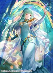 Rule 34 | 1girl, aqua hair, armpits, blue dress, company connection, copyright name, dragon, dress, elbow gloves, fire emblem, fire emblem: the blazing blade, fire emblem cipher, fuzichoco, gloves, hair ornament, hands on own chest, long dress, long hair, looking away, ninian, nintendo, open mouth, red eyes, solo
