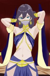 Rule 34 | 1girl, alternate costume, arabian clothes, armpits, bare shoulders, belly dancing, blue dress, blue eyes, breasts, closed mouth, dress, enzo benitez 7, fu hua, gloves, grey hair, hair between eyes, harem outfit, highres, honkai (series), honkai impact 3rd, long hair, looking at viewer, mouth veil, navel, red curtains, small breasts, smile, solo, stomach, thighs, veil, yellow gloves, yellow rope