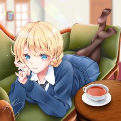 Rule 34 | 1girl, artist name, black necktie, black pantyhose, blonde hair, blue eyes, blue skirt, blue sweater, blurry, blurry background, braid, closed mouth, collared shirt, commentary, couch, cup, darjeeling (girls und panzer), day, depth of field, dress shirt, girls und panzer, highres, indoors, light particles, long sleeves, looking at viewer, lying, miniskirt, necktie, no shoes, on couch, on stomach, pantyhose, pleated skirt, saucer, school uniform, sheepd, shirt, short hair, signature, skirt, smile, solo, st. gloriana&#039;s school uniform, sweater, swept bangs, table, tea, teacup, twin braids, v-neck, white shirt, wing collar
