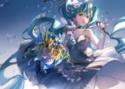 Rule 34 | 1girl, :d, absurdres, aqua eyes, aqua hair, black dress, bouquet, bow, breasts, cleavage, collar, collarbone, commentary, cowboy shot, dress, elbow gloves, flower, gloves, hair between eyes, hair bow, hatsune miku, headphones, highres, holding, holding microphone, light blush, long hair, microphone, open mouth, rumoon, sky, small breasts, smile, solo, sparkle, standing, strapless, strapless dress, thighhighs, twintails, vocaloid, white bow, white gloves, white thighhighs