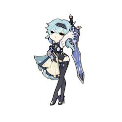 Rule 34 | 1girl, absurdres, arms up, black footwear, blue hair, blue necktie, boots, chest harness, chibi, closed eyes, crossed legs, eula (genshin impact), full body, genshin impact, greatsword, harness, high-waist shorts, high heel boots, high heels, highres, long sleeves, medium hair, minty chu, necktie, parted lips, shorts, side cape, sidelocks, simple background, solo, song of broken pines (genshin impact), sword, sword behind back, thigh boots, watson cross, weapon, white background, wide sleeves