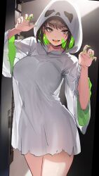Rule 34 | 1girl, bandaid, bare legs, black hair, blush, breasts, brown eyes, colored inner hair, costume, ghost costume, ghost pose, green hair, green nails, halloween, halloween costume, highres, hood, hood up, large breasts, looking at viewer, miru (ormille), mole, mole under eye, multicolored hair, nail polish, original, ormille, see-through, smile, solo, thighs