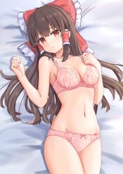 Rule 34 | 1girl, black hair, bow, bra, breasts, cleavage, closed mouth, commentary, forneus 0, groin, hair bow, hakurei reimu, highres, long hair, looking at viewer, lying, medium breasts, navel, on back, on bed, panties, pink bra, pink panties, red bow, red eyes, sidelocks, solo, touhou, underwear, underwear only