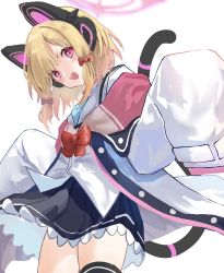 1girl animal_ear_headphones animal_ears blonde_hair blue_archive blush cat_ear_headphones cat_ears fake_animal_ears hair_ribbon halo headphones highres jacket long_sleeves looking_at_viewer momoi_(blue_archive) open_mouth red_eyes ribbon ruwo_benzen school_uniform short_hair simple_background solo thighhighs white_background