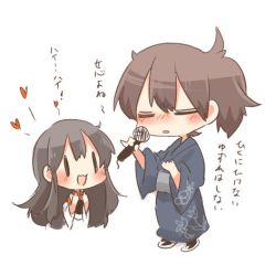 Rule 34 | 10s, 2girls, :3, :d, akagi (kancolle), braid, closed eyes, heart, japanese clothes, kaga (kancolle), kantai collection, kimono, long sleeves, lowres, microphone, multiple girls, muneate, music, open mouth, rebecca (keinelove), simple background, singing, single braid, smile, translation request, white background, wide sleeves, | |