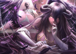 Rule 34 | 1girl, albedo (overlord), black hair, black wings, chain, demon girl, demon horns, demon wings, detached collar, dress, feathered wings, feathers, gloves, hair between eyes, horns, jewelry, low wings, lying, necklace, on bed, on stomach, overlord (maruyama), rachta lin, skeleton, slit pupils, solo, white dress, white gloves, wings, yellow eyes