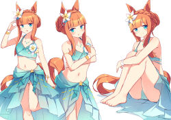 Rule 34 | 1girl, absurdres, animal ears, aqua eyes, bare shoulders, barefoot, bikini, blunt bangs, blunt tresses, braid, braided bun, commentary request, crossed arms, crown braid, ear flower, feet out of frame, flower, flower on chest, green bikini, green sarong, hair bun, highres, horse ears, horse girl, horse tail, jewelry, kanzakietc, long hair, looking at viewer, midriff, multiple views, navel, necklace, official alternate costume, official alternate hairstyle, orange hair, plumeria, sarong, sidelocks, silence suzuka (emerald on the waves) (umamusume), silence suzuka (umamusume), smile, star ornament, swimsuit, tail, umamusume, v-shaped eyebrows, white flower, wristband