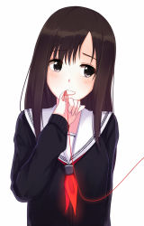 Rule 34 | 1girl, arms at sides, black eyes, black hair, blush, brown eyes, brown hair, cardigan, female focus, finger to mouth, glowing, hand up, highres, itachi kanade, long hair, long sleeves, looking to the side, original, school uniform, serafuku, simple background, sleeves past wrists, solo, string, string of fate, upper body, white background