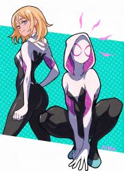 Rule 34 | 1girl, animification, arthropod girl, ass, blonde hair, blue eyes, bodysuit, breasts, bright pupils, closed mouth, commentary, english commentary, flats, full body, gwen stacy, highres, hood, hood down, hood up, hooded bodysuit, looking at viewer, marvel, mask, medium breasts, short hair, silk, skin tight, smile, solo, spider-gwen, spider web, spider web print, squatting, superhero costume, sushi pizza rrr, white pupils