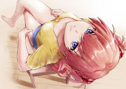 Rule 34 | 1girl, barefoot, blue eyes, blue shorts, breasts, breasts apart, closed mouth, commentary request, crossed legs, from above, highres, ishiyuki, long hair, looking at viewer, looking up, medium breasts, neon genesis evangelion, no bra, orange hair, revision, shirt, short sleeves, shorts, sitting, smile, solo, souryuu asuka langley, two side up, upside-down, wooden chair, wooden floor, yellow shirt