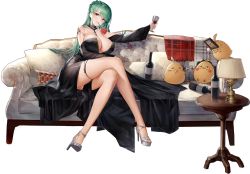 Rule 34 | 1girl, alternate breast size, azur lane, bare shoulders, black dress, bottle, breasts, cleavage, couch, crossed legs, cup, detached sleeves, dress, drinking glass, flower, flower in mouth, full body, green hair, gujianshaonu, high heels, highres, holding, holding flower, jewelry, lamp, lampshade, large breasts, legs, littorio (azur lane), littorio (calabria aurea) (azur lane), long dress, long hair, looking at viewer, manjuu (azur lane), necklace, official alternate costume, official art, portrait (object), red eyes, rose, sardegna empire (emblem), silver footwear, skindentation, solo, strapless, strapless dress, thigh strap, toeless footwear, transparent background, very long hair, white footwear, wine bottle, wine glass