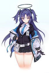 Rule 34 | 1girl, black skirt, blue archive, blue eyes, blue necktie, breasts, collared shirt, cropped legs, g.h (gogetsu), halo, highres, id card, jacket, jacket partially removed, large breasts, long hair, long sleeves, mechanical halo, miniskirt, necktie, pleated skirt, purple eyes, purple hair, shirt, skirt, solo, two-sided fabric, two-sided jacket, two side up, white shirt, yuuka (blue archive)