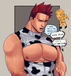 Rule 34 | 2boys, alternate costume, animal print, bara, bare pectorals, bare shoulders, blonde hair, blue eyes, boku no hero academia, chibi, chibi inset, couple, covered abs, cow boy, cow print, cropped shirt, endeavor (boku no hero academia), english text, facial hair, hawks (boku no hero academia), large pectorals, looking down, male focus, mature male, meme, multiple boys, multiple drawing challenge, muscular, muscular male, nipples, pectorals, red hair, scar, scar across eye, scar on face, shirt, shirt cut meme, shirt cut meme, short hair, short sleeves, sideburns, sleeveless, sleeveless shirt, solo focus, spiked hair, stubble, tight clothes, tight shirt, upper body, viol vrt, yaoi