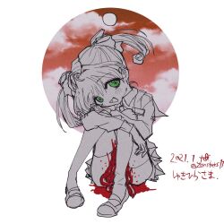 Rule 34 | 1girl, blood, blush, circle, cloud, entrails, full body, green eyes, guro, hair ribbon, highres, hugging own legs, knees up, long sleeves, looking at viewer, medium hair, monochrome, neck ribbon, open mouth, organs, ribbon, sayonara wo oshiete, shoes, sitting, sketch, skirt, smile, solo, spot color, tamachi mahiru, thighhighs, twilight, twintails, uwabaki, zonsters