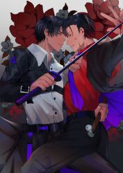 Rule 34 | 2boys, black hair, black pants, bleeding, blood, blood on face, blood on hands, blue necktie, character request, chen ge, copyright request, crossover, doufujintianxianle, ear piercing, eye contact, flower, hammer, holding, holding hammer, long sleeves, looking at another, multiple boys, my house of horrors, necktie, necktie grab, neckwear grab, pants, piercing, red shirt, shirt, white shirt, yaoi