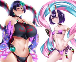 Rule 34 | absurdres, arm guards, bikini, black fundoshi, breasts, chinese clothes, cosplay, costume switch, curvy, dudou, eyeliner, eyepatch bikini, fate/grand order, fate (series), forehead jewel, fundoshi, headpiece, highres, horns, japanese clothes, large breasts, long hair, low-tied long hair, makeup, minamoto no raikou (fate), minamoto no raikou (fate/grand order), minamoto no raikou (swimsuit lancer) (fate), minamoto no raikou (swimsuit lancer) (fate) (cosplay), minamoto no raikou (swimsuit lancer) (third ascension) (fate), oni, purple bikini, purple eyes, purple hair, revealing clothes, short eyebrows, shuten douji (fate), shuten douji (fate/grand order), shuten douji (halloween caster) (fate), shuten douji (halloween caster) (fate) (cosplay), side-tie bikini bottom, silvamaria, skin-covered horns, small breasts, strapless, strapless bikini, swimsuit, thai commentary, very long hair