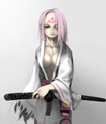 Rule 34 | 1girl, arc system works, bad id, bad pixiv id, baiken, breasts, breasts apart, cleavage, empty eyes, expressionless, guilty gear, japanese clothes, katana, kimono, large breasts, lips, one-eyed, open clothes, open kimono, pink hair, scar, scar across eye, scar on face, solo, sword, tattoo, weapon, yama