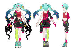 Rule 34 | alternate costume, black hair, black jumpsuit, blue hair, character sheet, crescent, crescent hair ornament, from behind, from side, gloves, gradient hair, hair behind ear, hair ornament, hatsune miku, jumpsuit, keenbiscuit, multicolored hair, off shoulder, open hands, pink gloves, planet hair ornament, red tank top, shoes, single glove, single thighhigh, smile, sneakers, star (sky), tank top, thighhighs, twintails, vocaloid, white background