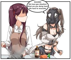 Rule 34 | 2girls, alternate language, bare shoulders, breasts, brown hair, carrot, collarbone, commentary, cooking, dulldull, english commentary, english text, faceless, frying pan, gas mask, girls&#039; frontline, hair ornament, hair ribbon, k2 (girls&#039; frontline), long hair, mask, multiple girls, navel, purple hair, ribbon, shirt, smoke, spatula, wa2000 (girls&#039; frontline), white shirt