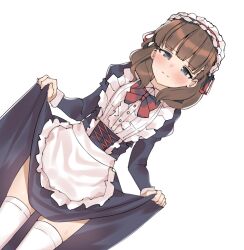 Rule 34 | 1girl, aa211108, apron, black dress, blue eyes, blunt bangs, blush, bow, bowtie, brown hair, closed mouth, clothes lift, cowboy shot, dress, dutch angle, embarrassed, eyelashes, frilled apron, frills, holding, holding clothes, holding skirt, idolmaster, idolmaster cinderella girls, lifted by self, long sleeves, looking at viewer, maid, maid apron, maid headdress, medium hair, red bow, red bowtie, sakuma mayu, shy, simple background, skirt, skirt lift, solo, straight-on, sweat, thighhighs, white background, white thighhighs, zettai ryouiki