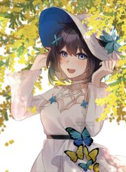 Rule 34 | 1girl, :d, animal, bare shoulders, black hair, blue eyes, blue flower, breasts, bug, butterfly, collarbone, detached sleeves, dress, english text, flower, hair between eyes, hair flower, hair ornament, hands on headwear, hands up, hat, hat flower, highres, honkai (series), honkai impact 3rd, insect, long sleeves, open mouth, see-through, seele vollerei, short hair, sleeveless, sleeveless dress, small breasts, smile, solo, tana (tanabio), watermark, white dress, white hat, wide sleeves