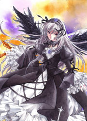 Rule 34 | 00s, bad id, bad pixiv id, dress, frills, hairband, purple eyes, rozen maiden, silver hair, solo, suigintou, sword, traditional media, trimcolor, weapon, wings