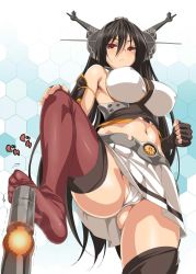 Rule 34 | 10s, 1girl, bare shoulders, black hair, blush, breasts, cameltoe, cle masahiro, clenched hand, covered erect nipples, elbow gloves, feet, female focus, fingerless gloves, from below, gloves, gradient background, hair between eyes, hair ornament, hand on own knee, headgear, highres, kantai collection, large breasts, legs, long hair, looking at viewer, looking down, midriff, nagato (kancolle), navel, no shoes, panties, pantyshot, personification, red eyes, red thighhighs, serious, shiny skin, skirt, soles, solo, standing, thighhighs, thighs, toes, underwear, upskirt, white panties
