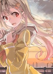 Rule 34 | 1girl, :d, black ribbon, blonde hair, fang, floating hair, from side, hair between eyes, hair ornament, hair ribbon, hairclip, highres, jacket, kantai collection, long hair, looking back, neckerchief, open mouth, outdoors, pink hair, red eyes, red neckerchief, ribbon, smile, solo, sugue tettou, two-tone background, upper body, wet, yellow jacket, yuudachi (kancolle), yuudachi kai ni (kancolle)
