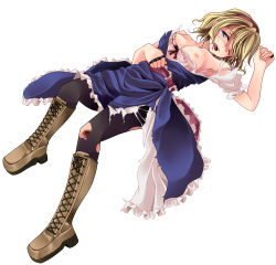 Rule 34 | 1girl, alice margatroid, black pantyhose, blonde hair, blood, blue eyes, boots, bra, capelet, cross-laced footwear, female focus, injury, jewelry, lace-up boots, lingerie, lying, nipples, on back, one eye closed, pantyhose, ring, sash, short hair, solo, tears, torn clothes, torn pantyhose, touhou, tsukishiro saika, underwear, wince, wink
