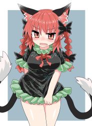 Rule 34 | 1girl, animal ears, arm behind back, black bow, black dress, black tail, blush, border, bow, breasts, bright pupils, cat ears, cat tail, chups, dress, extra ears, fang, frilled dress, frills, green background, highres, holding, holding clothes, holding dress, kaenbyou rin, looking at viewer, medium breasts, medium hair, multiple tails, nekomata, open mouth, red eyes, red hair, red neckwear, short sleeves, simple background, solo, sweat, tail, touhou, twintails, two tails, v-shaped eyebrows, white border