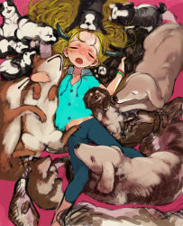 Rule 34 | 1girl, animal, blonde hair, bosako (haguhagu), dog, drooling, closed eyes, haguhagu (rinjuu circus), highres, horns, long hair, lying, on back, open mouth, original, sleeping