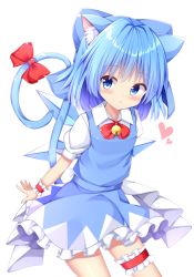 Rule 34 | 1girl, animal ear fluff, animal ears, arms behind back, blouse, blue eyes, blue skirt, blue vest, blush, bow, bowtie, bridal garter, cat ears, cat tail, cirno, contrapposto, cowboy shot, heart, highres, kemonomimi mode, looking at viewer, neck bell, puffy short sleeves, puffy sleeves, red bow, red bowtie, ribbon, sabana, shirt, short sleeves, simple background, skirt, solo, standing, tail, tail ornament, tail ribbon, touhou, vest, white background, white shirt, wings, wrist cuffs