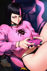 Rule 34 | 1girl, absurdres, aqua nails, black hair, black panties, blue eyes, bracelet, breasts, casual, chair, collar, commentary, controller, diagonal bangs, dualsense, english commentary, feet out of frame, fingernails, game controller, gamepad, gaming chair, hair down, han juri, heterochromia, highres, holding, holding controller, holding game controller, jewelry, lips, long hair, medium breasts, multicolored hair, nail polish, no pants, panties, pink eyes, pink hair, pink sweater, playing games, playstation controller, pout, reclining, ring, short eyebrows, sitting, solo, spiked collar, spikes, spunkyramaz, straight hair, streaked hair, street fighter, street fighter 6, sweater, swivel chair, thick thighs, thighs, two-tone hair, underwear, wireless