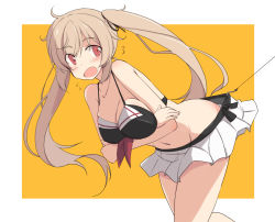 Rule 34 | 10s, 1girl, ahoge, bare shoulders, bikini, bikini top only, blush, breasts, brown eyes, collarbone, crossed arms, fishing hook, fishing line, hair ribbon, kantai collection, kugui kiyunemu, large breasts, light brown hair, long hair, looking back, murasame (kancolle), navel, open mouth, pleated skirt, ribbon, skirt, solo, swimsuit, twintails, white skirt