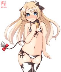 Rule 34 | 1girl, alternate costume, animal ears, animal print, artist logo, bikini, blonde hair, blue eyes, commentary request, cow ears, cow horns, cow print, cow tail, cowboy shot, dated, embarrassed, fake animal ears, fake horns, flat chest, front-tie top, highres, horns, jervis (kancolle), kanon (kurogane knights), kantai collection, long hair, look-alike, lowleg, lowleg bikini, one-hour drawing challenge, side-tie bikini bottom, simple background, solo, swimsuit, tail, thighhighs, white background, white bikini, white thighhighs