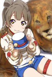 Rule 34 | 1girl, bad id, bad pixiv id, band uniform, belt, blue hat, blue shorts, blurry, blurry background, grey hair, hat, highres, holding, holding clothes, holding hat, icehotmilktea, jacket, lion, long hair, long sleeves, looking at viewer, love live!, love live! school idol festival, love live! school idol project, minami kotori, one side up, pom pom (clothes), short shorts, shorts, sitting, skindentation, smile, solo, thigh strap, top hat, unworn hat, unworn headwear, white jacket, yellow eyes